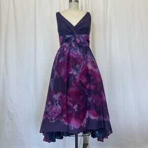 Neiman Marcus Women's 6 Dress Lela Rose Purple Silk Watercolor Floral Silk Blend